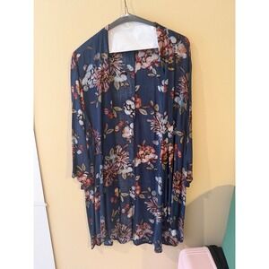 Pink Clover Floral Kimono Cardigan Navy Blue Boho Open Front Wrap XL
